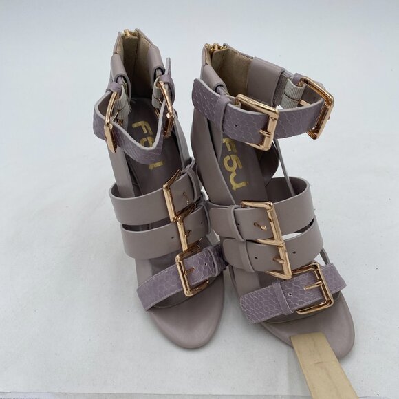 FSJ Gray Strappy Heels with Gold Buckles - Picture 3 of 7